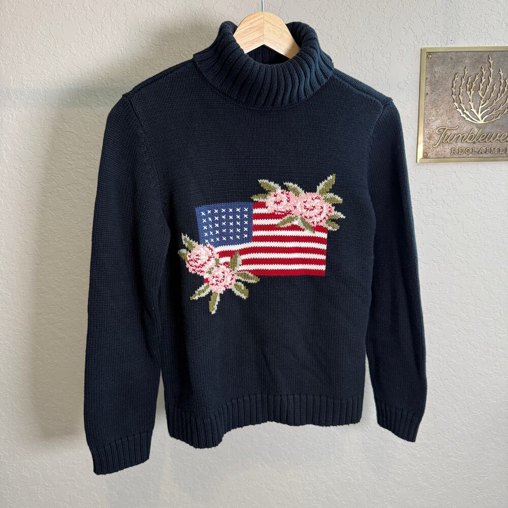 Women's Petite Sophisticate Floral American Flag Cotton Turtleneck Sweater Small